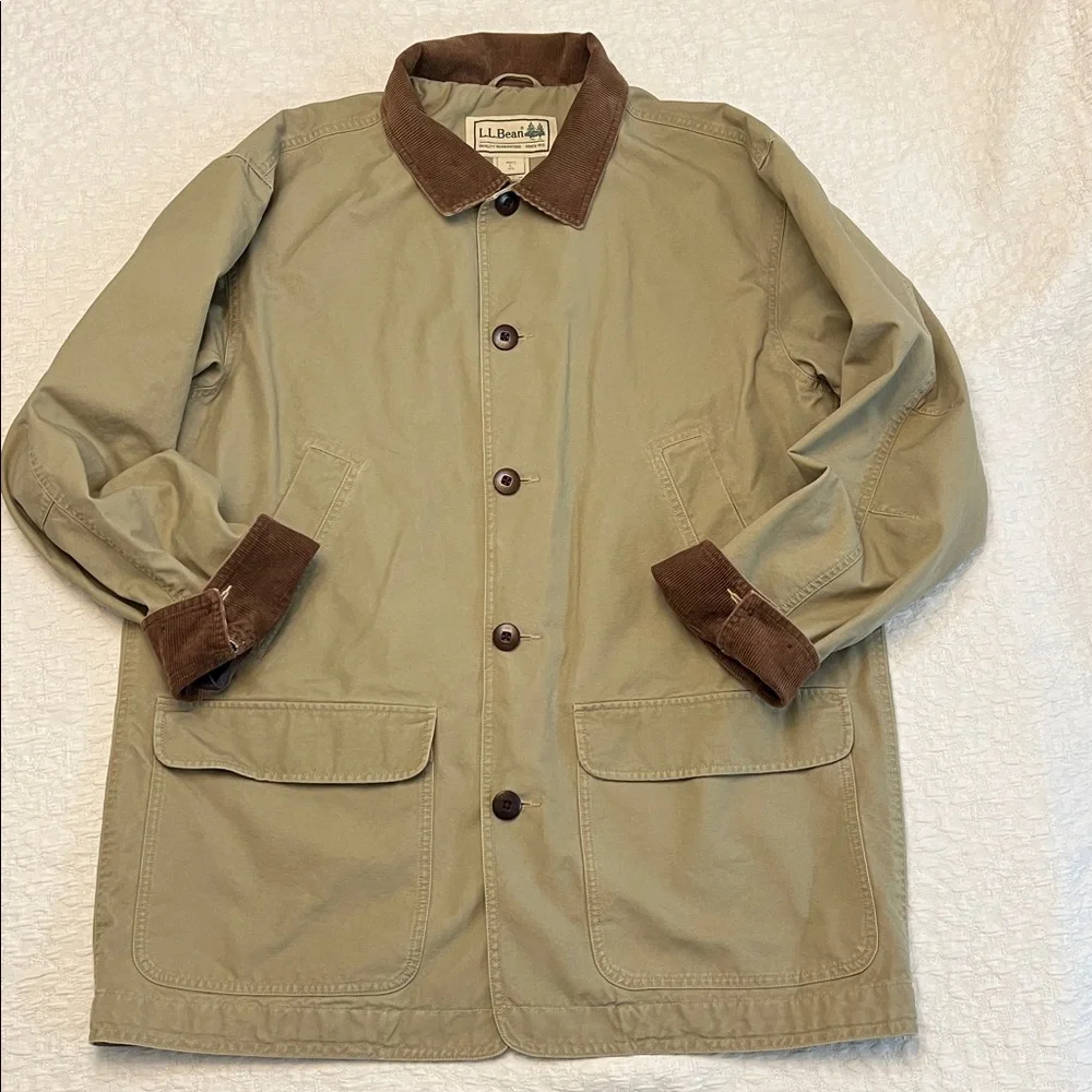 L.L.BEAN MENS COTTON TAN BARN COAT WITH CORDUROY COLLAR SIZE LARGE - Picture 2 of 12